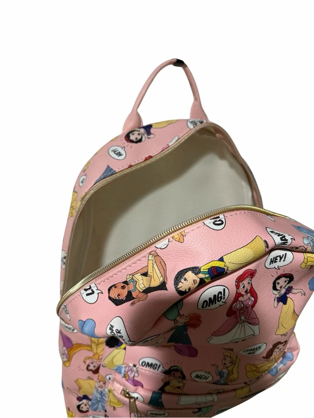 NWT Disney Princess Pink Backpack Comic Print Faux Leather Bookbag